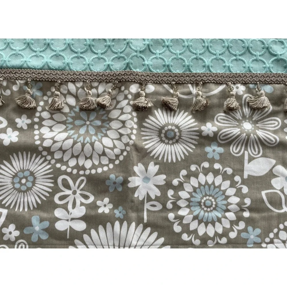 Pair (2) Custom Lined Boho Floral & Aqua Matelasse Beaded Valances 43